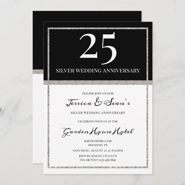 Elegant Silver & Black 25th Wedding Anniversary Invitation (Front/Back)