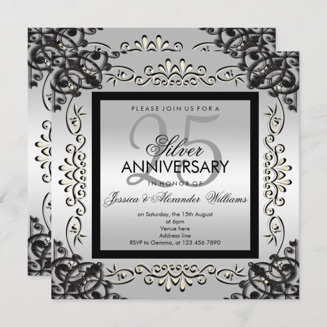 Elegant Silver & Black 25th Wedding Anniversary Invitation (Front/Back)
