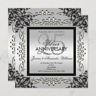 Elegant Silver & Black 25th Wedding Anniversary Invitation