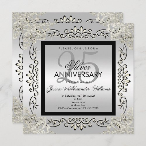 Elegant Silver  Black 25th Wedding Anniversary Invitation