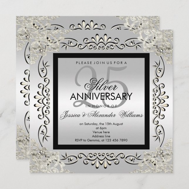 Elegant Silver & Black 25th Wedding Anniversary Invitation (Front/Back)