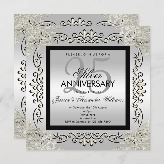 Elegant Silver & Black 25th Wedding Anniversary Invitation | Zazzle