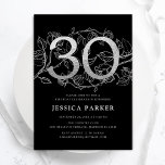 Elegant Silver Black 30th Birthday Invitation<br><div class="desc">Elegant silver black 30th birthday party invitation. Customizable modern feminine design featuring roses botanical accents and faux glitter silver. Simple floral invite card perfect for a stylish female bday celebration. Personalize with your own details. Printed Zazzle invitations or instant download digital printable template.</div>