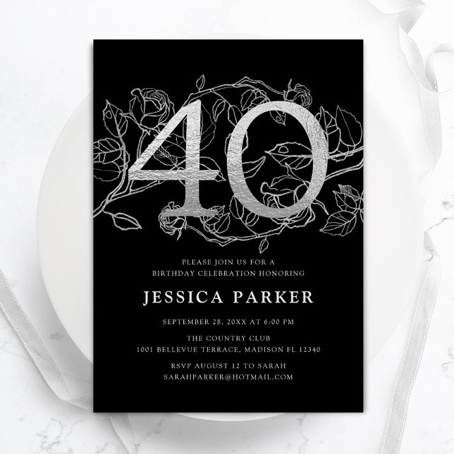 Elegant Silver Black 40th Birthday Invitation (Creator Uploaded)