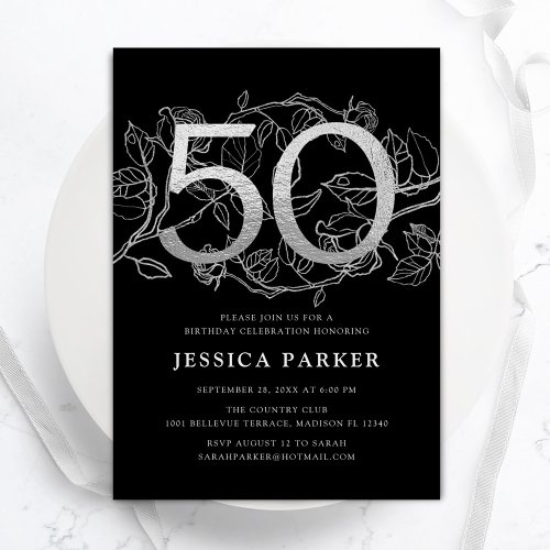 Elegant Silver Black 50th Birthday Invitation