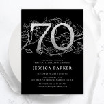 Elegant Silver Black 70th Birthday Invitation<br><div class="desc">Elegant silver black 70th birthday party invitation. Customizable modern feminine design featuring roses botanical accents and faux glitter silver. Simple floral invite card perfect for a stylish female bday celebration. Personalize with your own details. Printed Zazzle invitations or instant download digital printable template.</div>