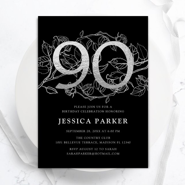 Elegant Silver Black 90th Birthday Invitation (Creator Uploaded)