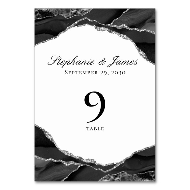 Elegant Silver Black Agate Wedding Table Number (Front)