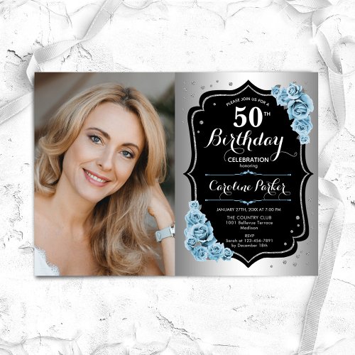 Elegant Silver Black Blue Photo 50th Birthday Invitation