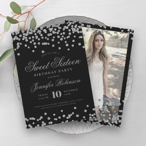 Elegant Silver Black Confetti Photo Sweet 16   Invitation