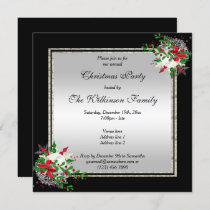 Elegant Silver & Black, Corner Dec's Christmas Invitation