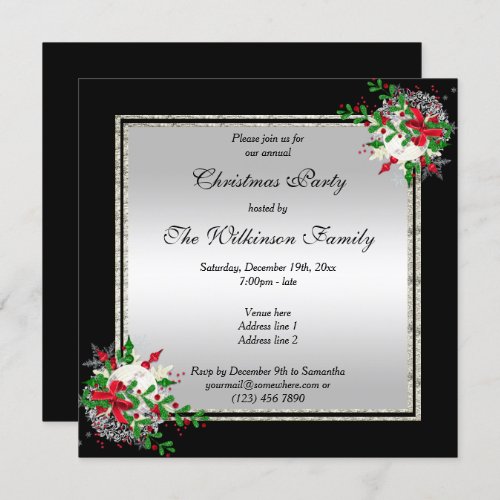 Elegant Silver  Black Corner Decs Christmas Invitation