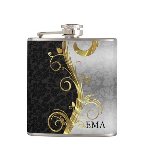 Elegant Silver Black Damask Flask