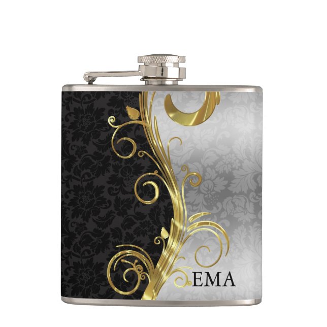 Elegant Silver Black Damask Flask (Front)