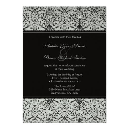 Elegant silver black damask wedding invitation | Zazzle