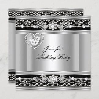 Elegant Silver Black Diamond Birthday Party Invitation