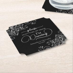 Elegant Silver & Black Don't Take My Drink Wedding Paper Coaster