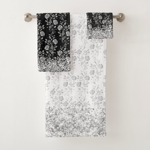 Elegant Silver Black Floral Glittery Glam Bath  Bath Towel Set