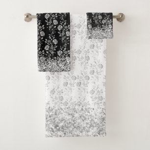 Elegant Silver Black Floral Glittery Glam Bath  Towel Set
