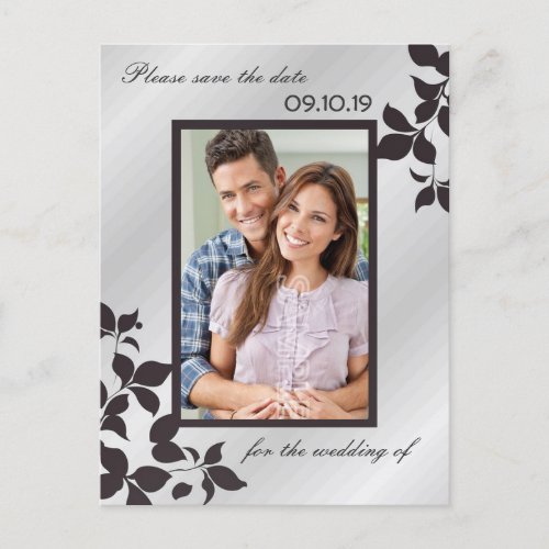 Elegant Silver Black Floral Photo Save The Date Announcement Postcard