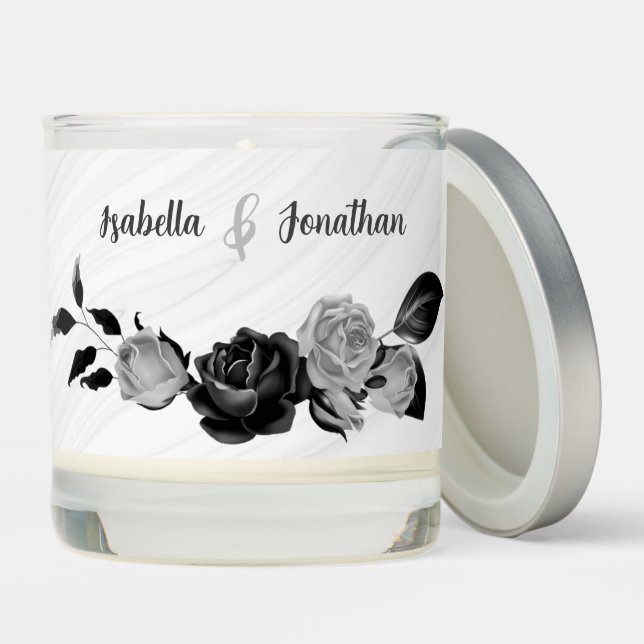 elegant silver & black flowers botanical wedding scented candle (Lid)
