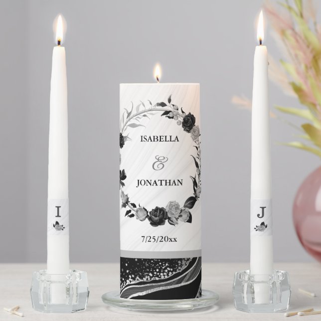 elegant silver & black flowers botanical wedding unity candle set (In Situ)