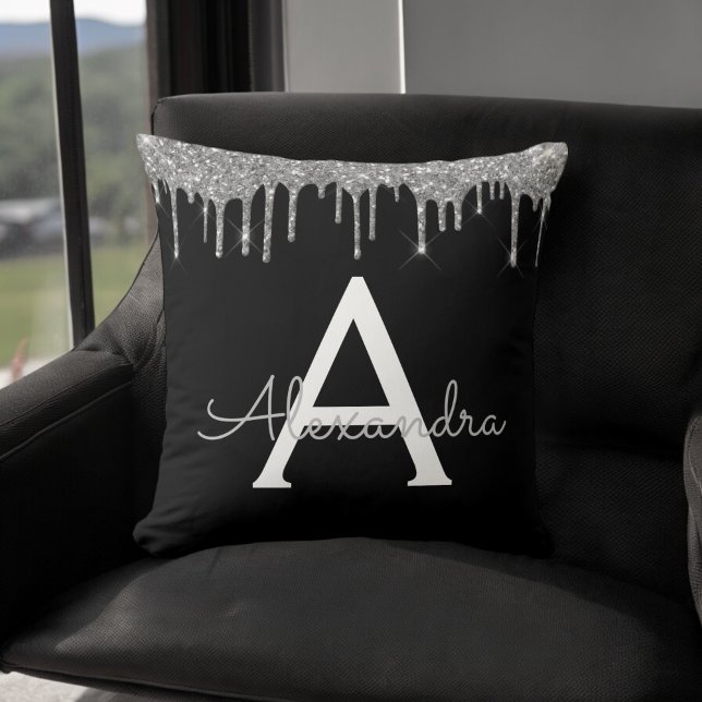 Elegant Silver Black Glitter Monogram Name Throw Pillow (Creator Uploaded)