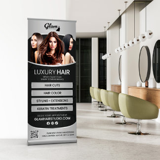 Elegant Silver & Black Luxury Hair Salon Services  Retractable Banner