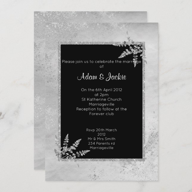 ELEGANT SILVER BLACK MARBLE GLITTER WEDDING INVITATION (Front/Back)