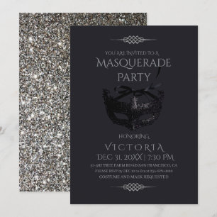 Elegant Silver Black Masquerade Party Birthday Invitation