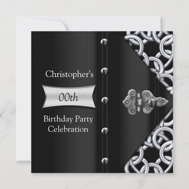 Elegant Silver Black Metal Chain Birthday Party Invitation (Front)