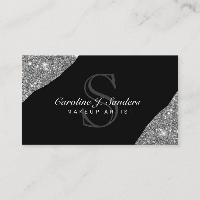 Elegant silver black monogram makeup artist business card (Front)
