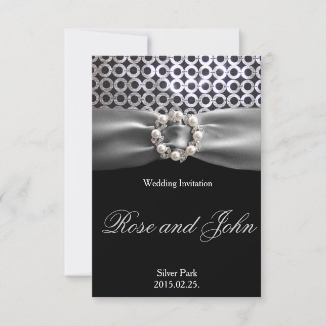 Elegant Silver Black Pearl Ribbon Wedding Card (Front)