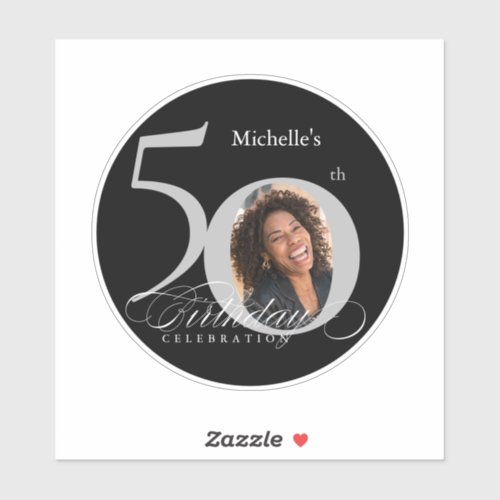 Elegant Silver Black Photo 50th Birthday 5 x 5 Sticker