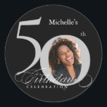 Elegant Silver Black Photo 50th Birthday Classic Round Sticker<br><div class="desc">Elegant Silver Black Photo 50th Birthday Classic Round Sticker. And elegantly designed special birthday celebration,  featuring a custom photo of birthday person and script calligraphy with vintage flourish elements. Simple enough to fit a variety of themes and colors!
Need help? Simply contact me!</div>