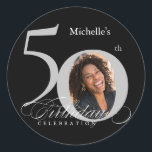 Elegant Silver Black Photo 50th Birthday Classic Round Sticker<br><div class="desc">Elegant Silver Black Photo 50th Birthday Classic Round Sticker. And elegantly designed special birthday celebration,  featuring a custom photo of birthday person and script calligraphy with vintage flourish elements. Simple enough to fit a variety of themes and colors!
Need help? Simply contact me!</div>