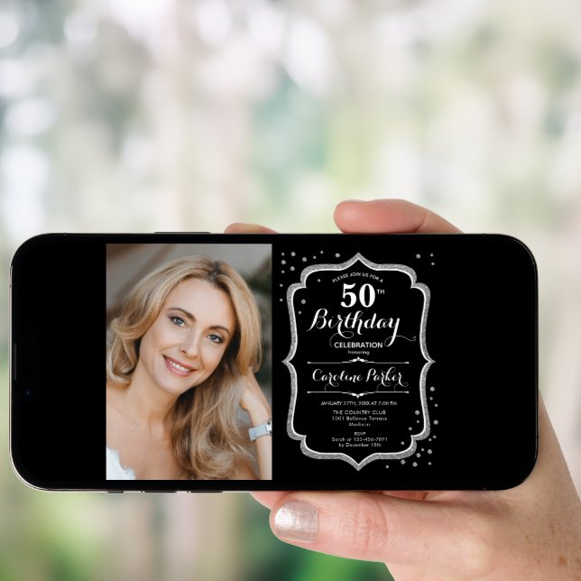 Elegant Silver Black Photo 50th Birthday Invitation (Front Digital)