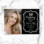 Elegant Silver Black Photo 50th Birthday Invitation<br><div class="desc">Elegant 50th birthday invitation with your photo. Glam modern black design with faux glitter silver. Features script font and confetti. Perfect for a stylish adult bday celebration party. Personalise with your own details. Can be customised for any age! Printed Zazzle invitations or instant download digital printable template.</div>