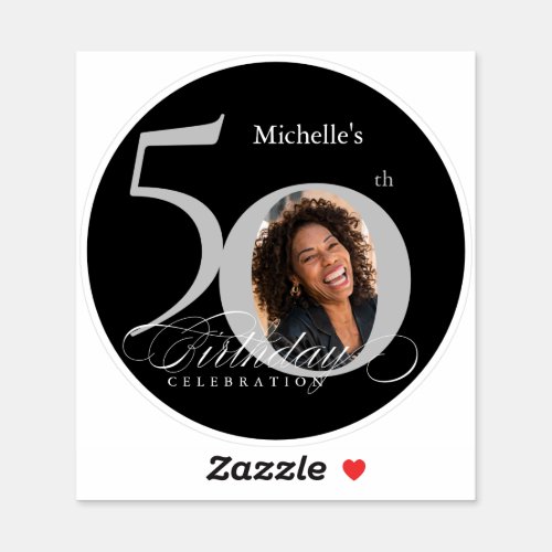 Elegant Silver Black Photo 50th Birthday  Sticker