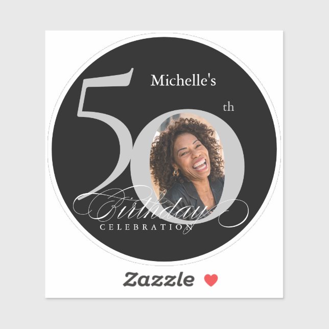 Elegant Silver Black Photo 50th Birthday  Sticker (Sheet)