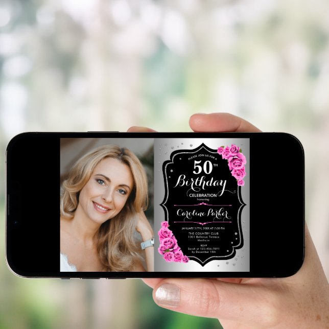 Elegant Silver Black Pink Photo 50th Birthday Invitation (Front Digital)