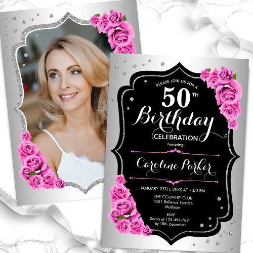 Elegant Silver Black Pink Photo 50th Birthday Invitation