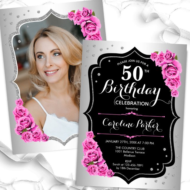 Elegant Silver Black Pink Photo 50th Birthday Invitation (Creator Uploaded)