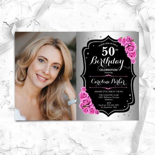 Elegant Silver Black Pink Photo 50th Birthday Invitation