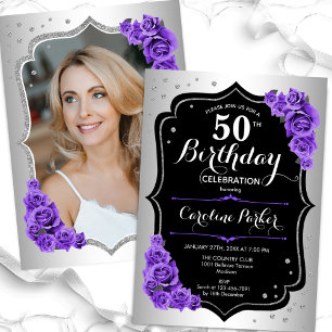 Elegant Silver Black Purple Photo 50th Birthday Invitation