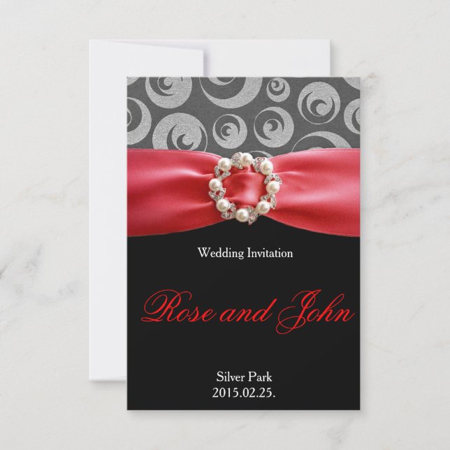 Elegant Silver Black Red Satin Ribbon Wedding Card (Front)