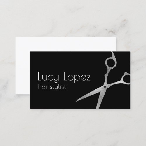 Elegant silver  black scissors hairstylist  business card