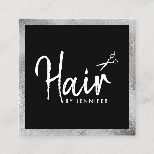 Elegant silver  black scissors hairstylist square business card