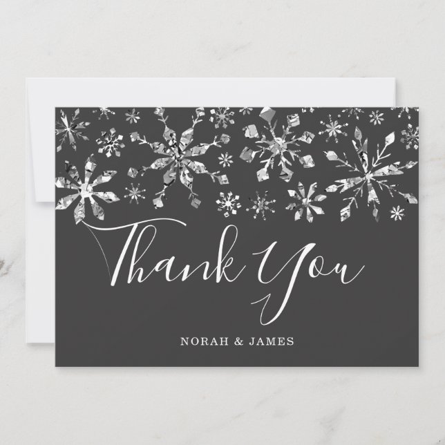 Elegant Silver Black Snowflake Wedding Thank You Card (Front)