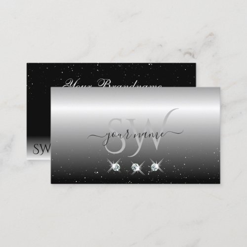 Elegant Silver Black Sparkling Diamonds Initials Business Card